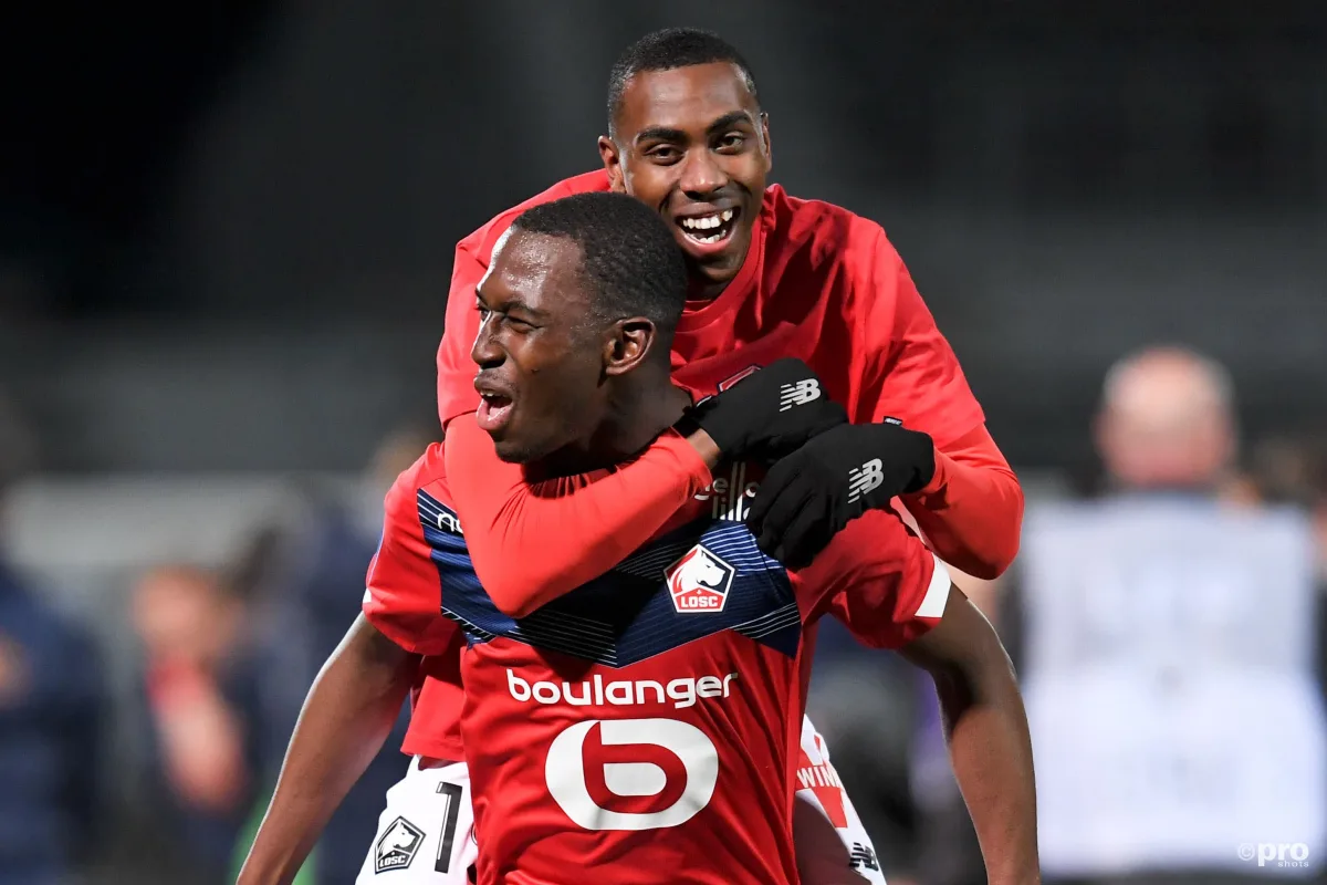 New Leicester signing Boubakary Soumare celebrates winning the 2020/21 Ligue 1 title with Lille