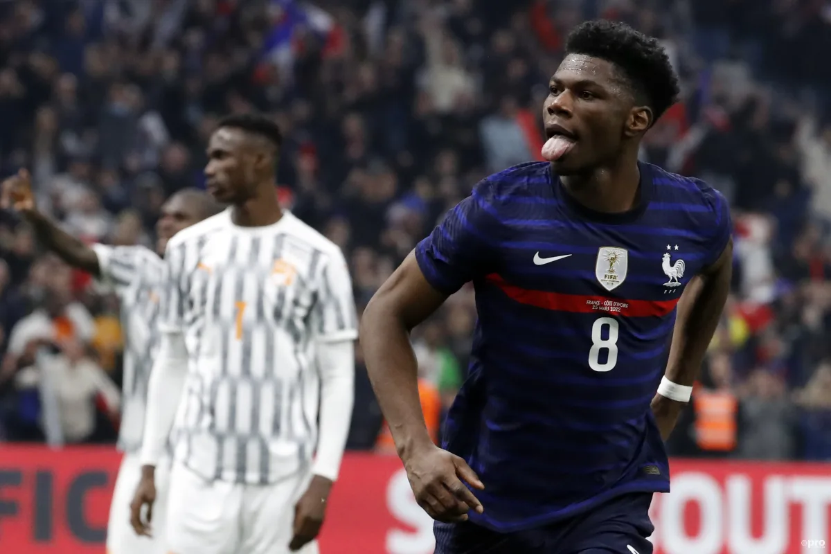 Aurelien Tchouameni celebrates scoring his first France goal against Ivory Coast