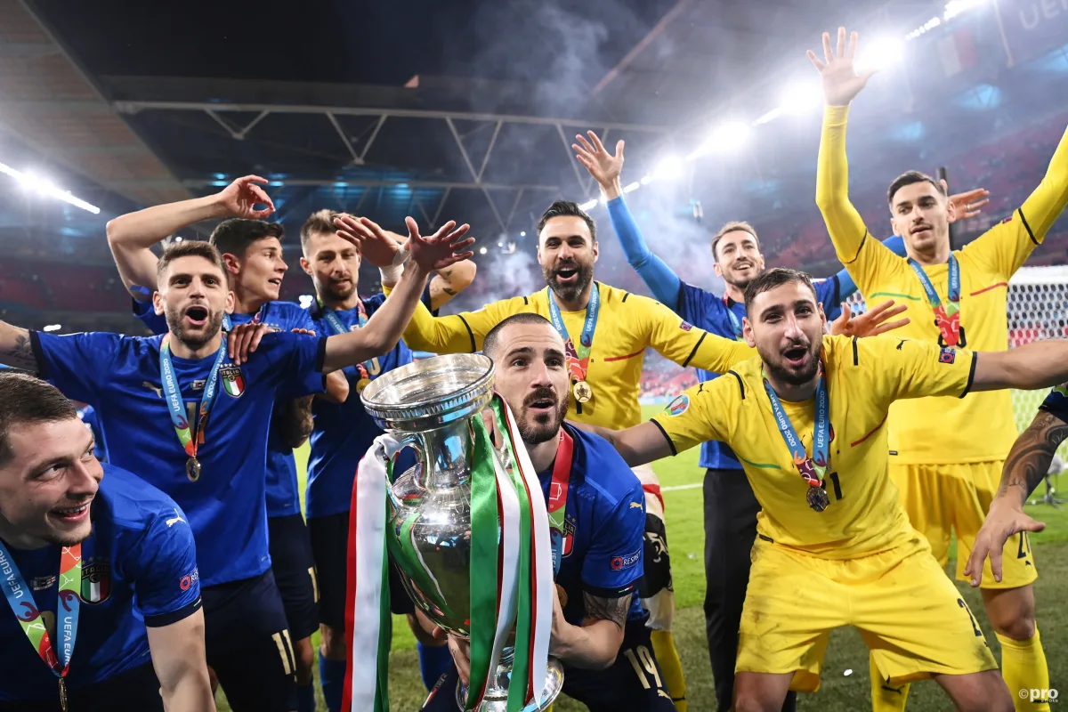 Leonardo Bonucci lifts the Euro 2020 trophy at Wembley after Italy defeated England on penalties