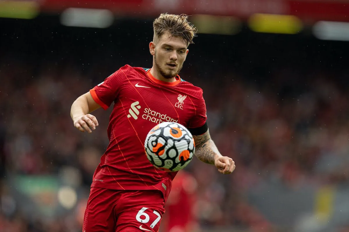 Harvey Elliott playing for Liverpool in a Premier League game against Burnley at Anfield in 2021