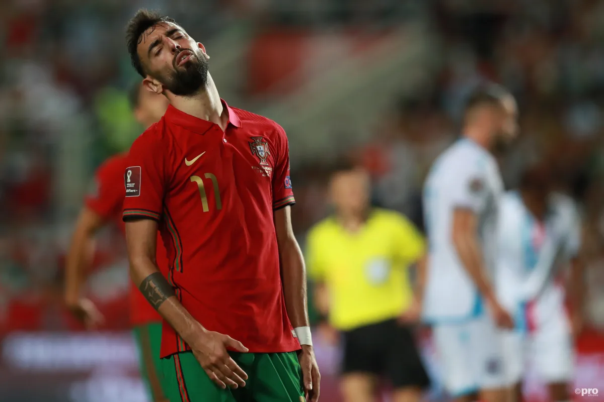 Bruno Fernandes playing for Portgual in a 2022 FIFA World Cup qualifier against Luxembourg at the Algarve Stadium.