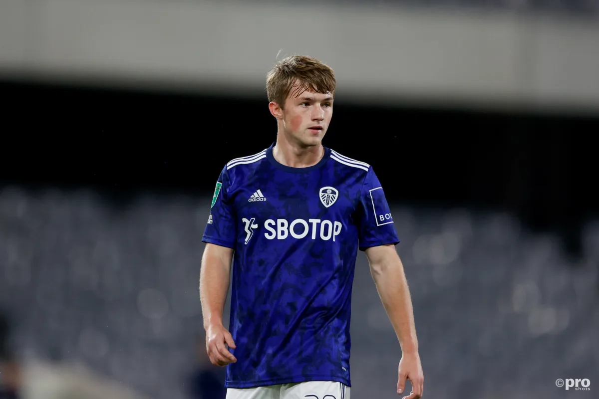 Joe Gelhardt playing for Leeds United in a League Cup match against Fulham at Craven Cottage in 2021.