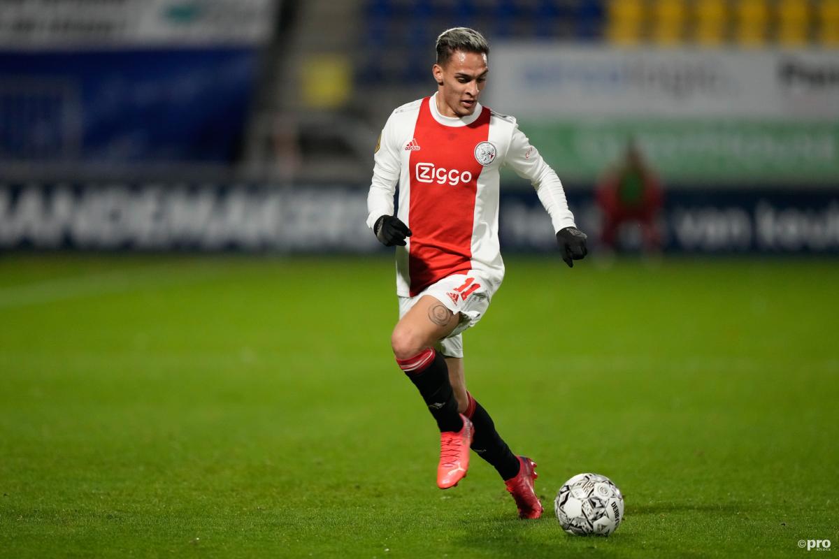Ajax star Antony dribbles the ball in an Eredivisie match against RKC in 2021.
