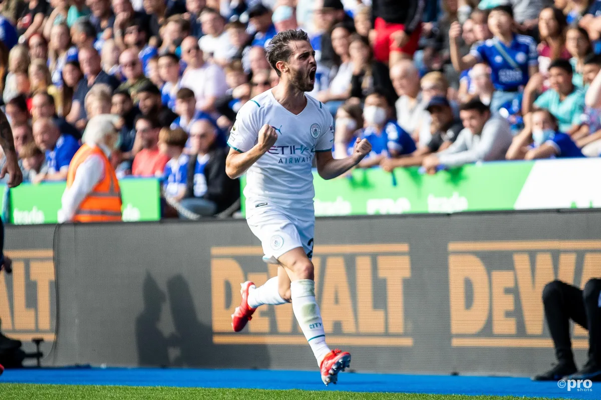 Bernardo Silva celebrates scoring for Manchester City in a Premier League match against Leicester City at the King Power Stadium in 2021