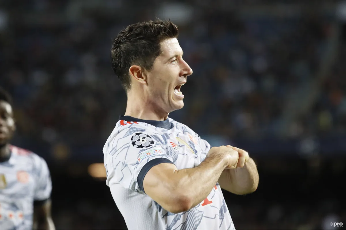 Robert Lewandowski celebrates during Barcelona v Bayern Munich