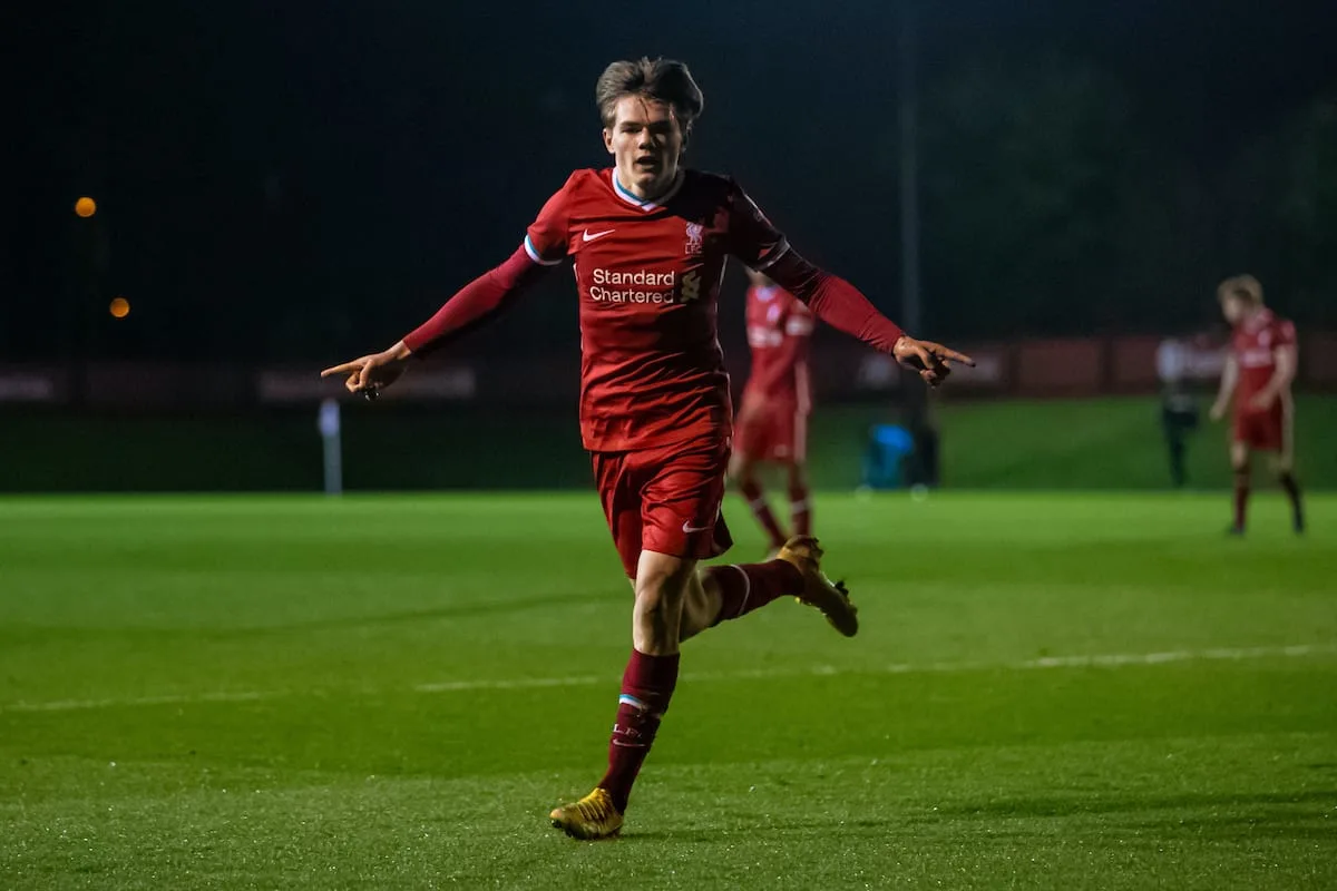 Ethan Ennis celebrates scoring for Liverpool Under 18's in the FA Youth Cup against Sutton United Under 18's at Kirkby Academy