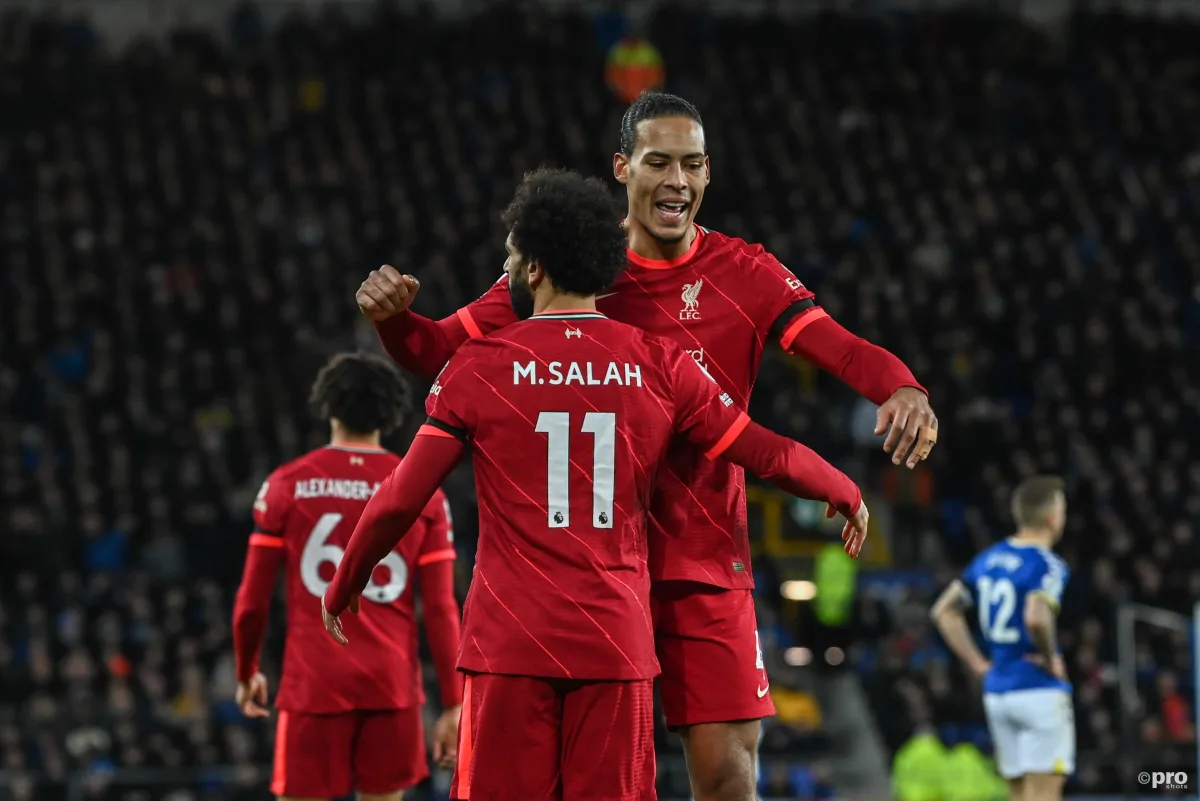 Mohamed Salah and Virgil van Dijk celebrate as Liverpool beat Everton