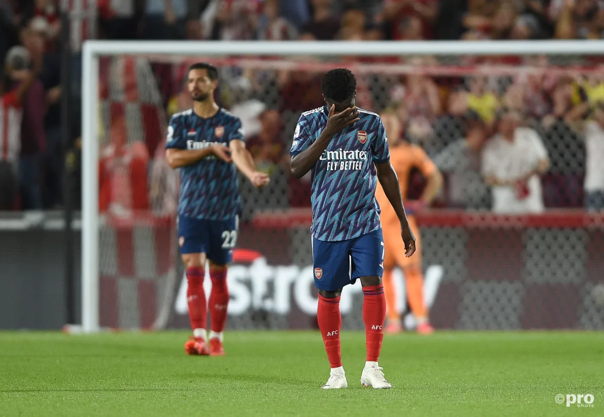 Arsenal's Bukayo Saka reacts during the 2-0 Premier League loss to Brentford