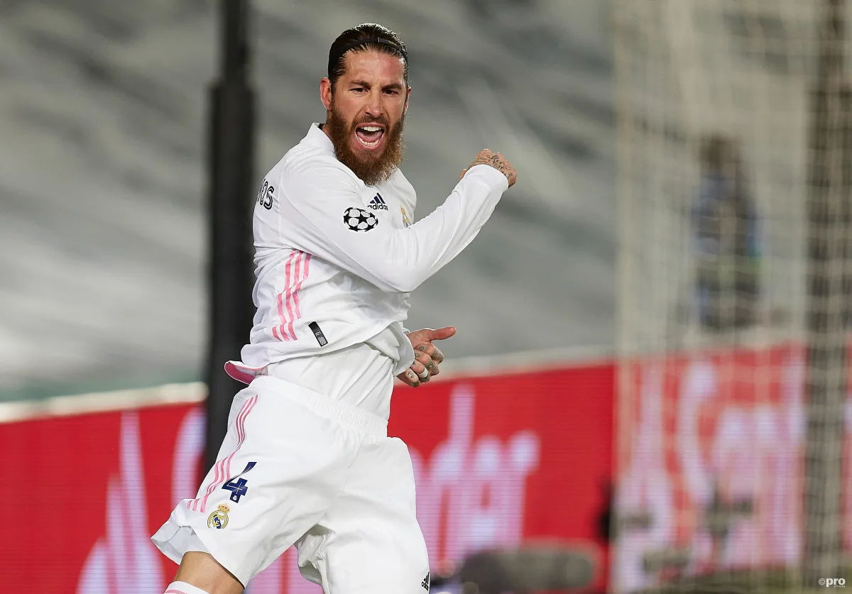 Sergio Ramos celebrates scoring for Real Madrid against Atalanta in the Champions League