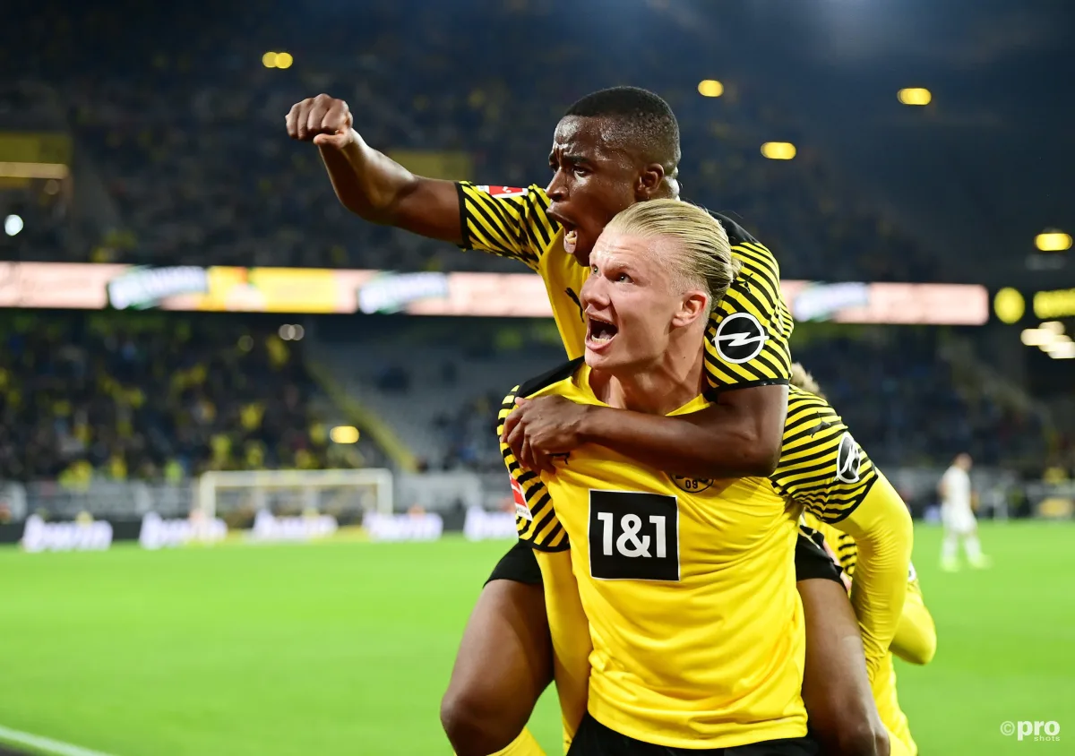Dortmund's Erling Haaland celebrates a goal with Youssoufa Moukoko