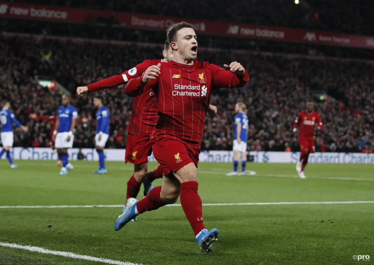 Xherdan Shaqiri celebrates scoring against Everton for Liverpool