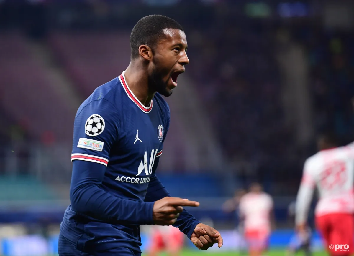 Georginio Wijnaldum celebrates for PSG against RB Leipzig in the Champions League