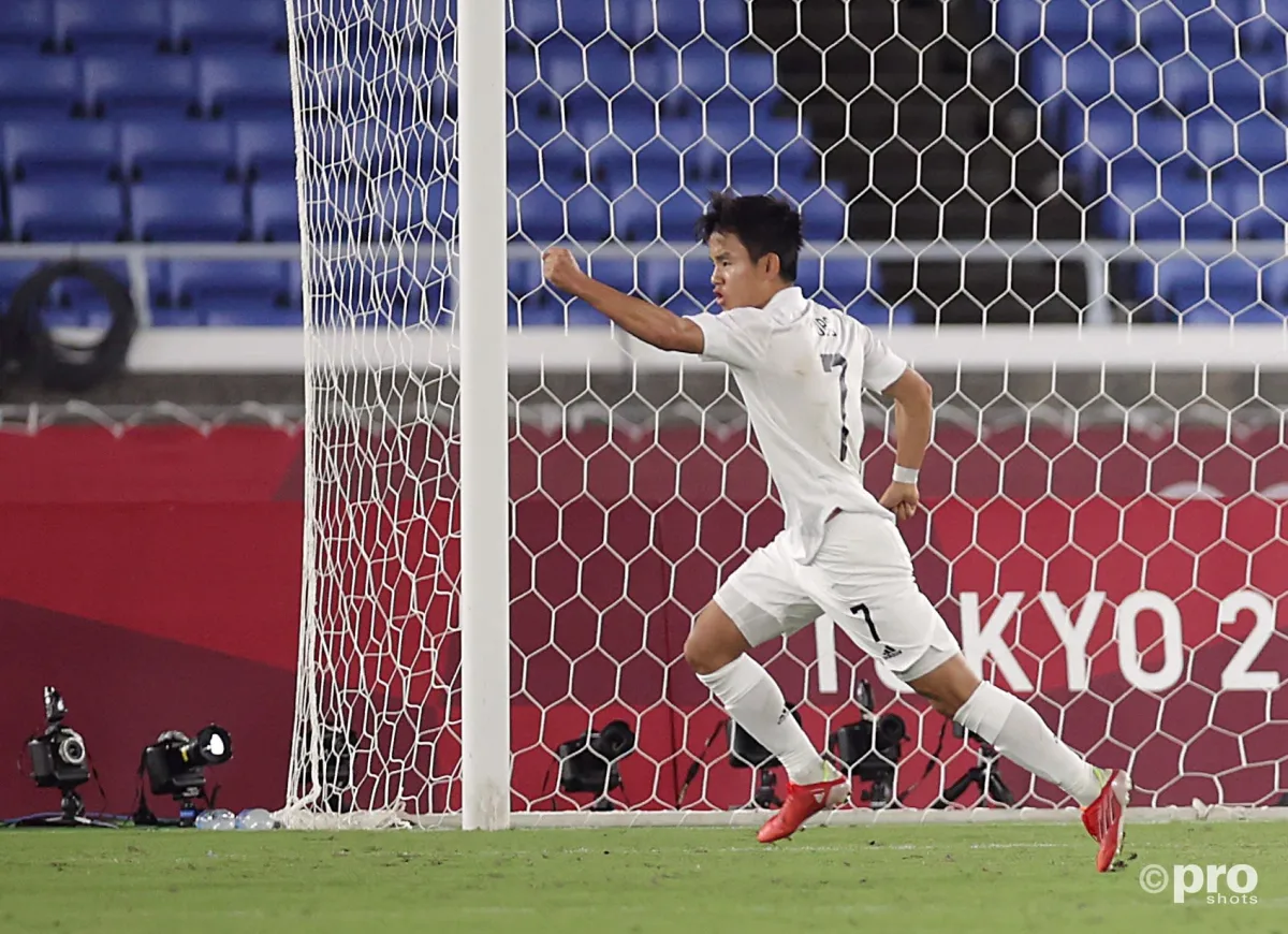 Real Madrid's Takefusa Kubo celebrates after scoring against France at the Olympics