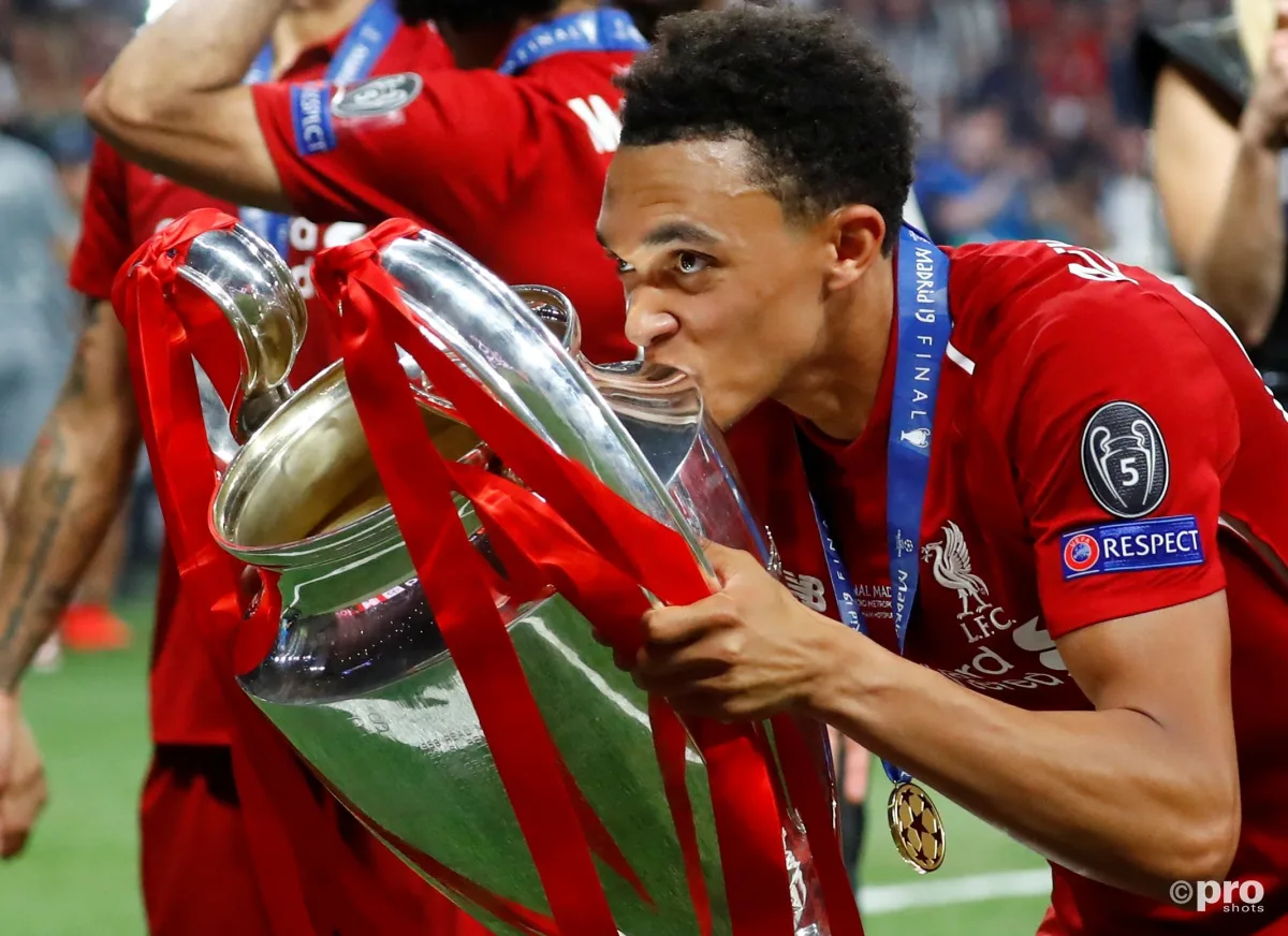 Trent Alexander-Arnold celebrates winning the 2019 Champions League with Liverpool