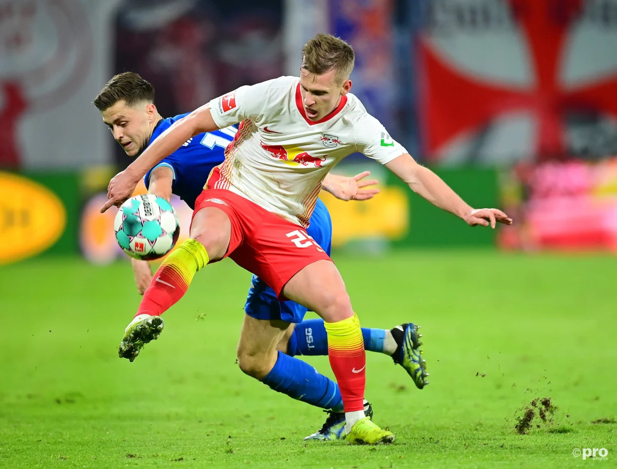 Dani Olmo holds up the ball for RB Leipzig in the Bundesliga