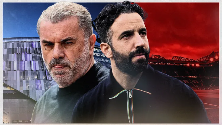 Tottanham-coach Ange Postecoglou (links) won de EL-finale van Manchester United-trainer Rúben Amorin (rechts).