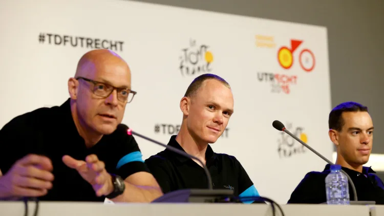 Sir Dave Brailsford (left) with Team Sky's Chris Froome (middle) and Richie Porte (right)