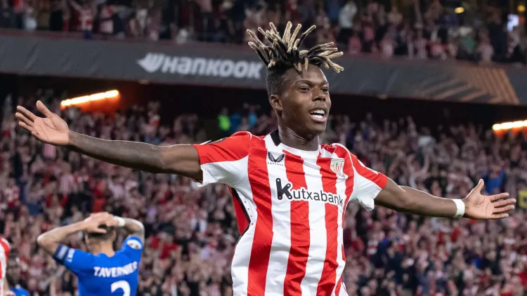 Nico Williams celebrates scoring against Rangers in the Europa League