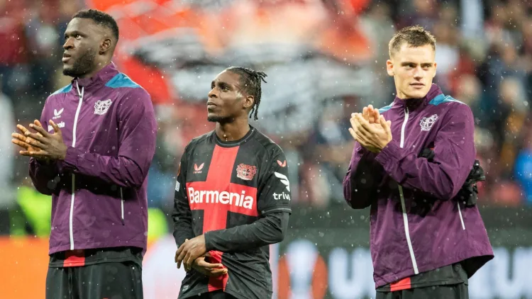Florian Wirtz (right) and B04 teammates Victor Boniface and Jeremie Frimpong