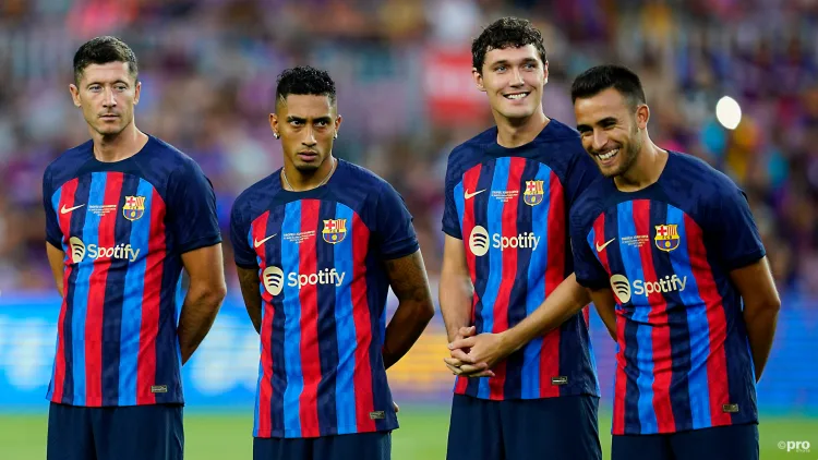 Andreas Christensen with Robert Lewandowski (far left), Raphinha (left centre) and Eric Garcia (right)