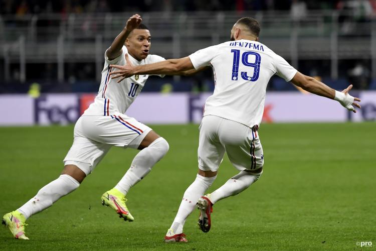 Benzema and Mbappé celebrate a France goal in the Nations League