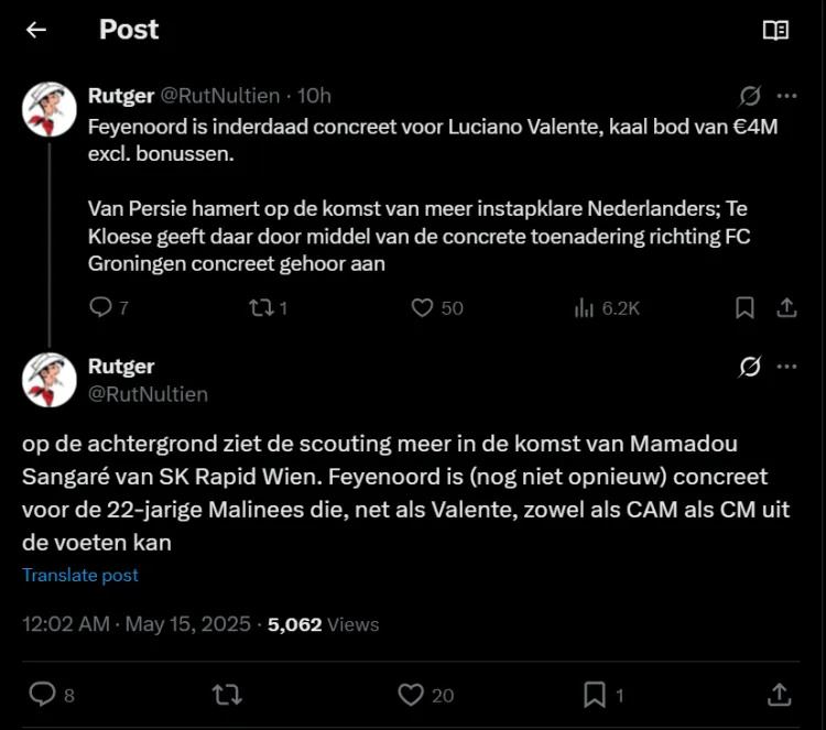Rutger Vinke deelt op zijn X-account details over de perikelen rond Luciano Valente en Feyenoord